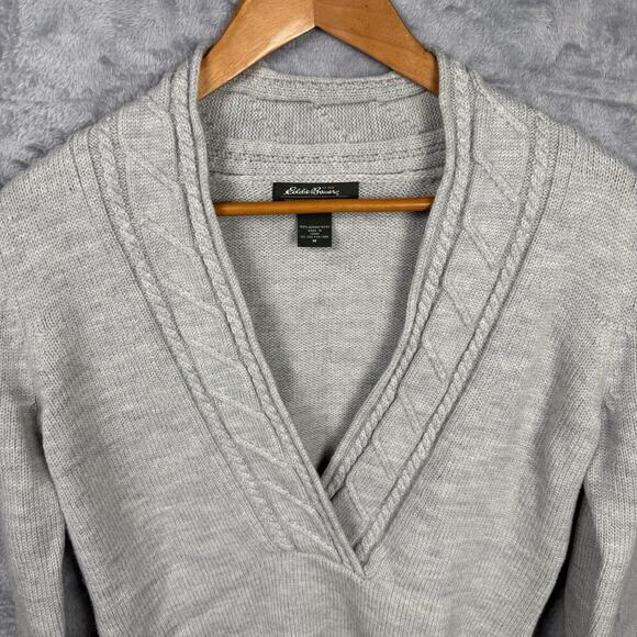 Eddie Bauer Womens Merino Wool Sweater Medium Cable Knit Gray Long Sleeve Preppy - Picture 2 of 8